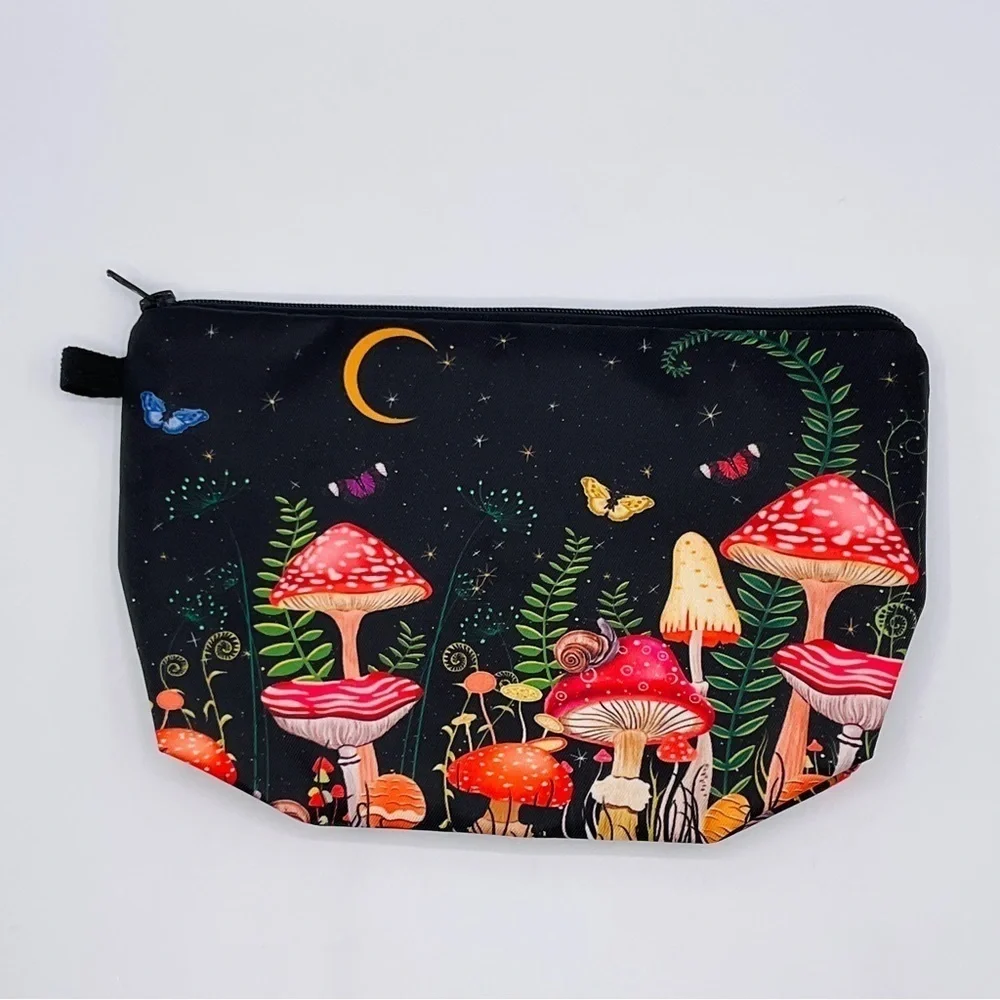 MUSHROOM Bag Zippered Make Up Brush Stash School Pencil Travel Jewelry Black Red